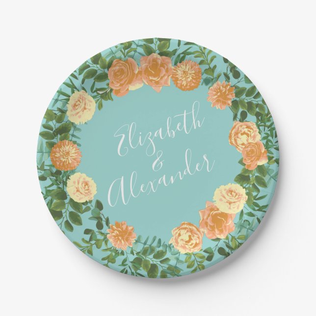 Peach & Aqua Peony & Rose Floral Wedding Paper Plates (Front)
