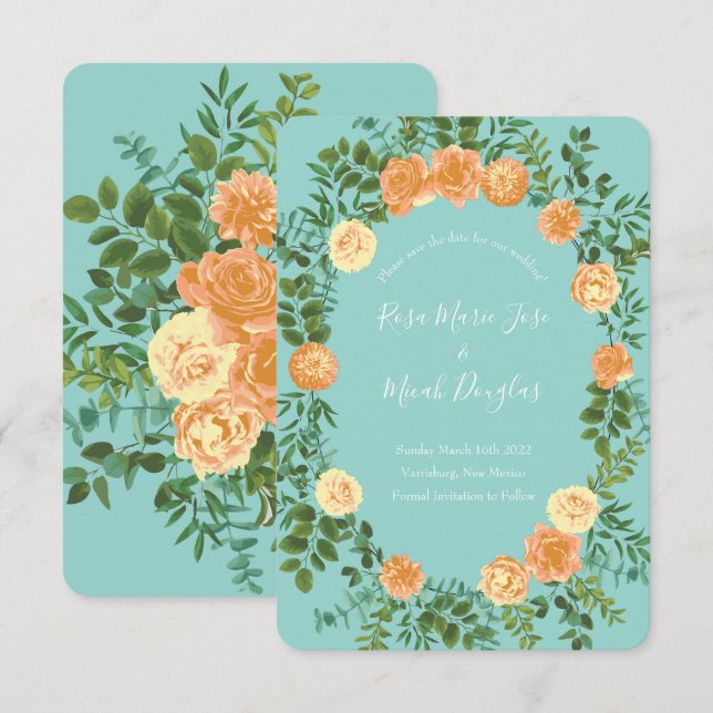 Peach & Aqua Peony Rose Floral Wedding Save Date Invitation (Front/Back)