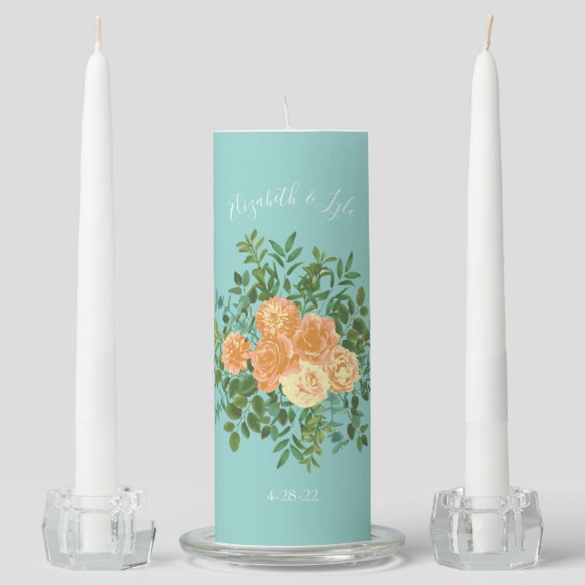Peach & Aqua Peony & Rose Floral Wedding Unity Candle Set (Front)