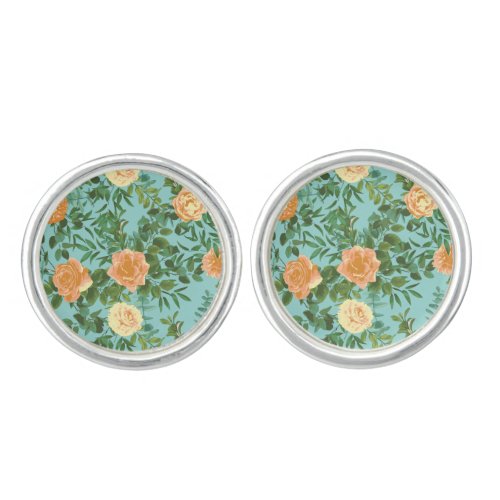 Peach Aqua Teal Wedding Roses Floral Cufflinks