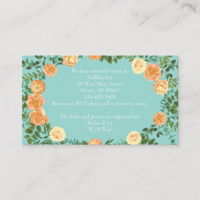 Peach Aqua Teal Wedding Roses Floral Enclosure Card (Front)