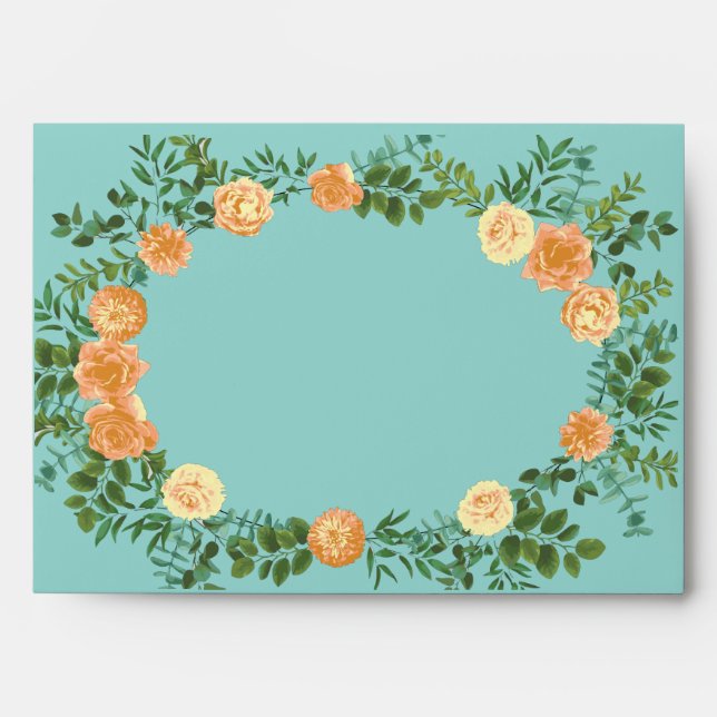 Peach Aqua Teal Wedding Roses Floral Envelope (Front)