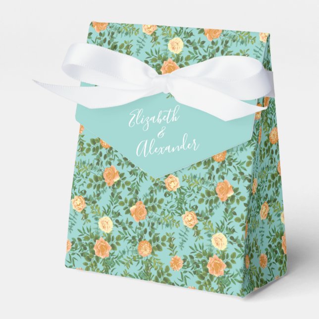 Peach Aqua Teal Wedding Roses Floral Favor Boxes (Front Side)