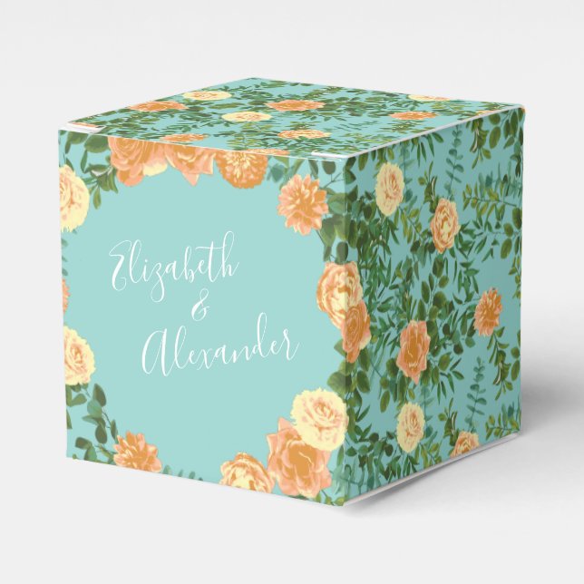 Peach Aqua Teal Wedding Roses Floral Favor Boxes (Front Side)