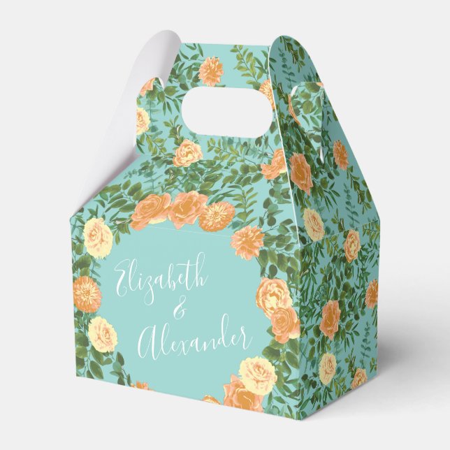 Peach Aqua Teal Wedding Roses Floral Favor Boxes (Front Side)