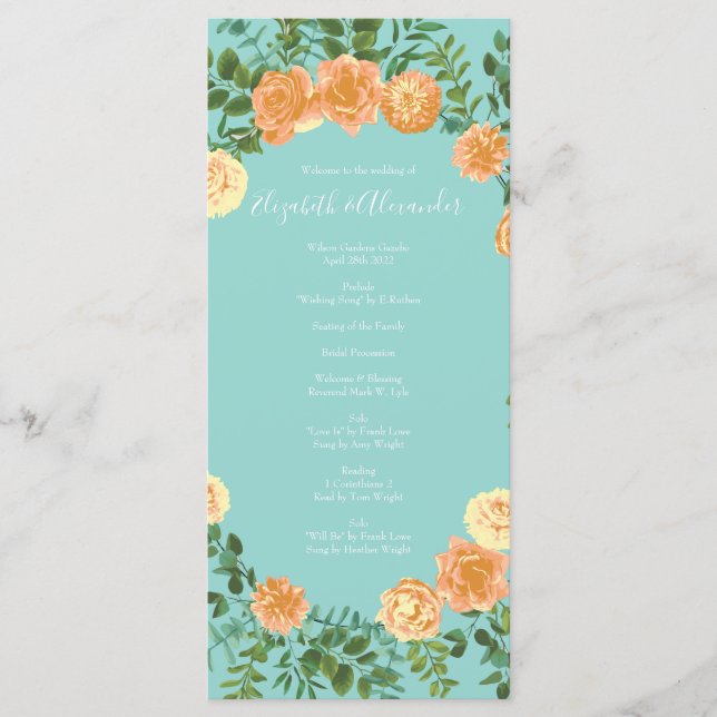 Peach Aqua Teal Wedding Roses Floral Menu (Front)