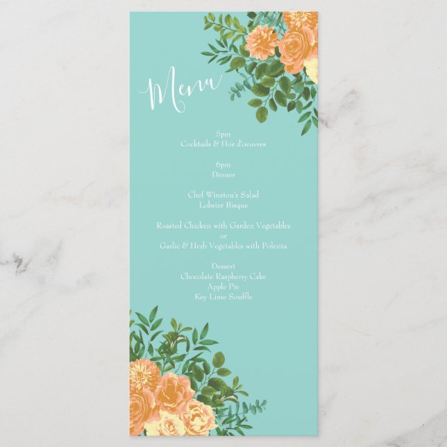 Peach Aqua Teal Wedding Roses Floral Menu (Front)