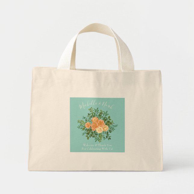 Peach Aqua Teal Wedding Roses Floral Mini Tote Bag (Front)