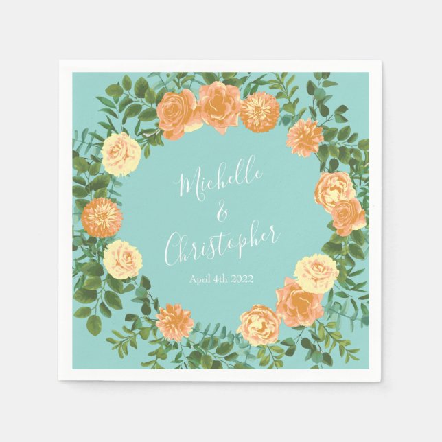 Peach Aqua Teal Wedding Roses Floral Napkins (Front)