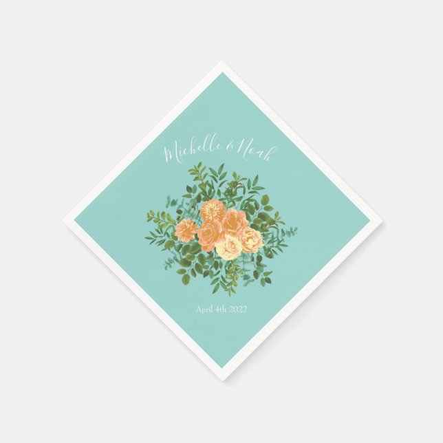Peach Aqua Teal Wedding Roses Floral Napkins (Corner)