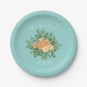 Peach Aqua Teal Wedding Roses Floral Paper Plates