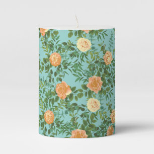 Peach Aqua Teal Wedding Roses Floral Pillar Candle