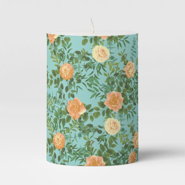 Peach Aqua Teal Wedding Roses Floral Pillar Candle (Front)