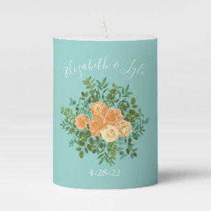 Peach Aqua Teal Wedding Roses Floral Pillar Candle