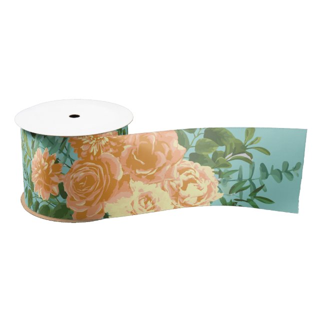 Peach Aqua Teal Wedding Roses Floral Satin Ribbon (Spool)