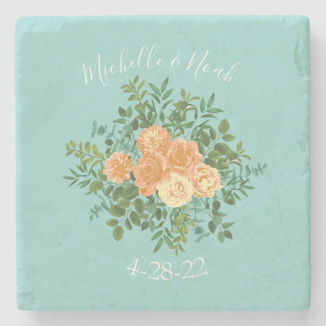 Peach Aqua Teal Wedding Roses Floral Stone Coaster (Front)