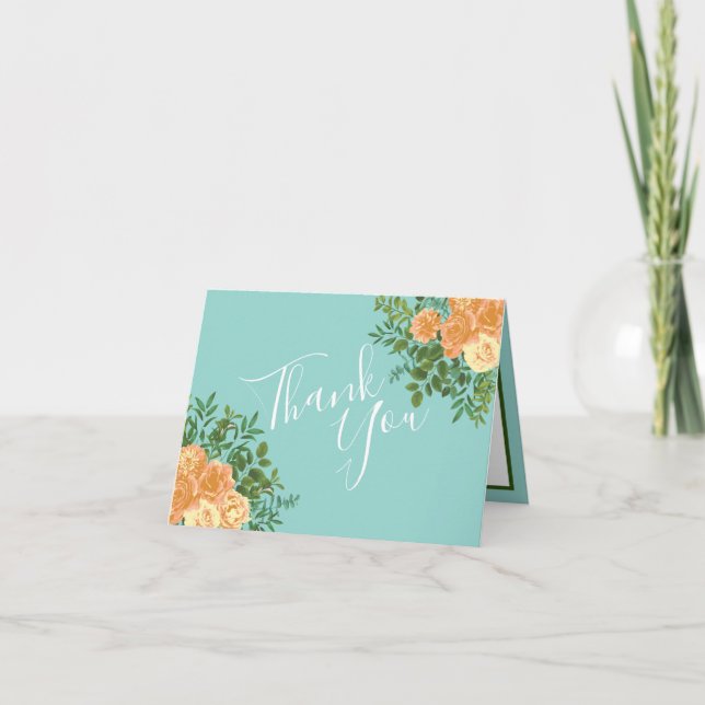 Peach Aqua Teal Wedding Roses Floral Thank You Card (Front)