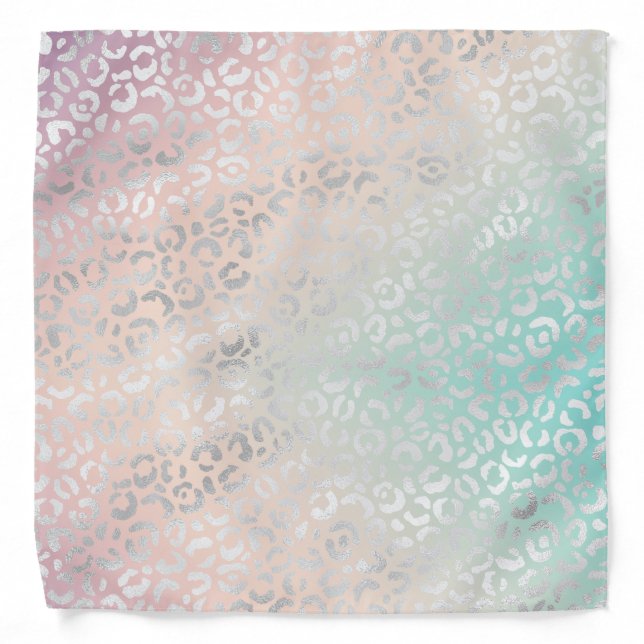 Peach Aqua Tie Dye Silver Leopard Print Bandana (Front)