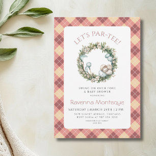 Peach Argyle Golf Floral Wreath Baby Shower Invitation