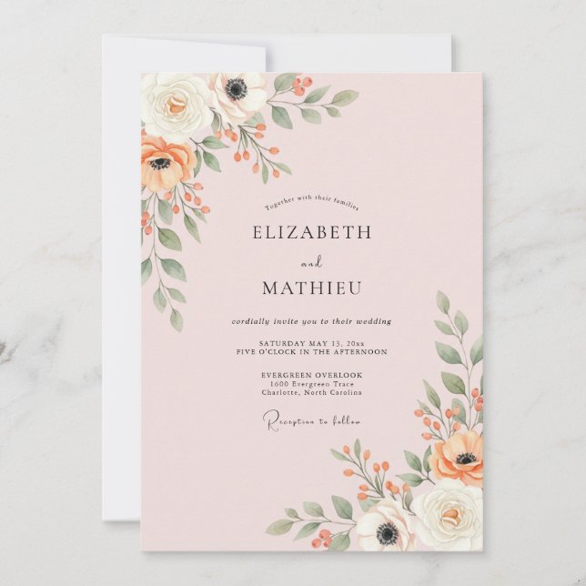 Peach Artistic Botanical Wedding Invitation (Front)