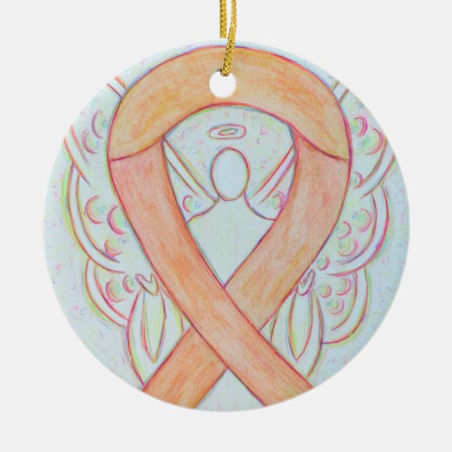 Peach Awareness Ribbon Angel Custom Art Ornaments (Front)