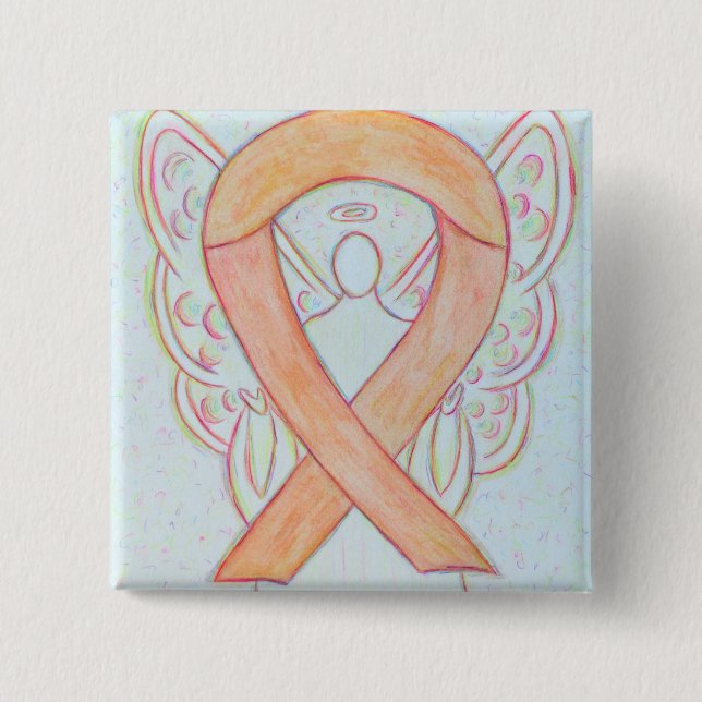 Peach Awareness Ribbon Angel Custom Art Pin Button (Front)