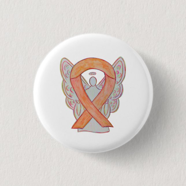 Peach Awareness Ribbon Angel Custom Art Pin Button (Front)