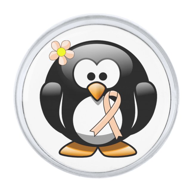 Peach Awareness Ribbon Penguin Silver Finish Lapel Pin (Front)