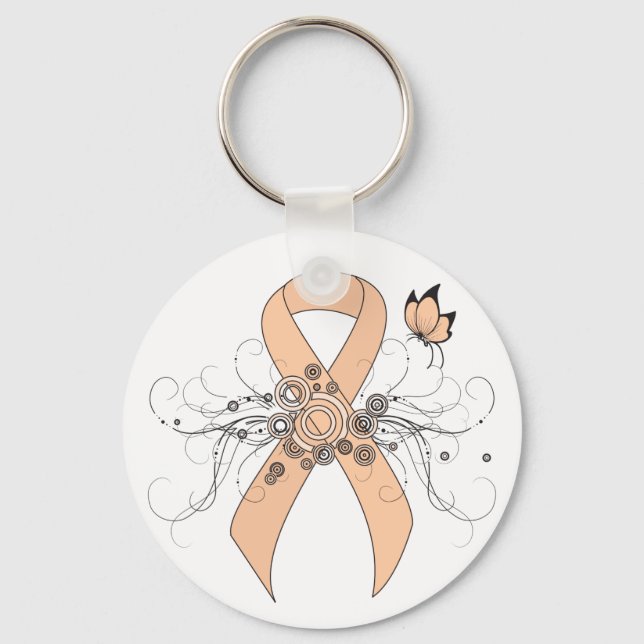 Peach Awareness Ribbon with Butterfly Keychain (Front)