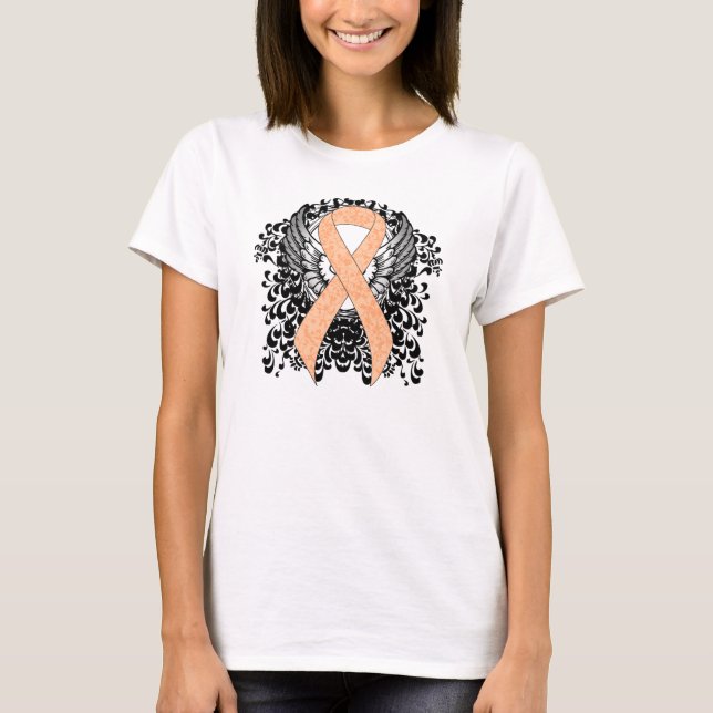 Peach Awareness Ribbon with Wings T-Shirt (Front)