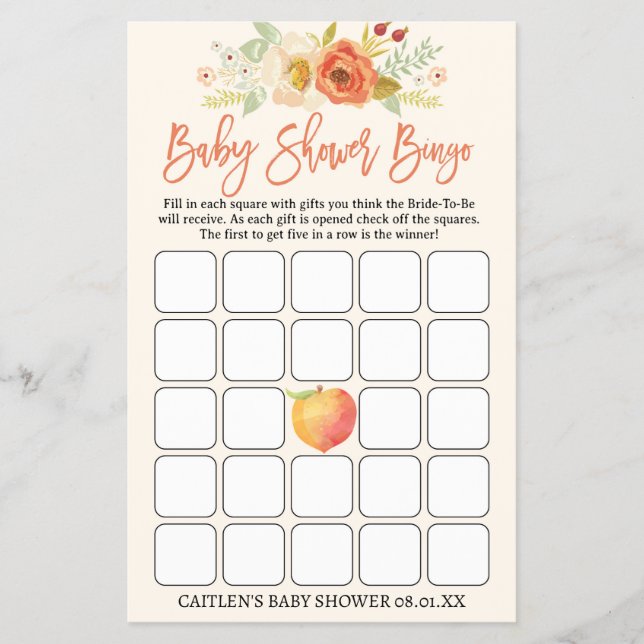 Peach Baby Shower Bingo Sweet Peach Baby Flyer (Front)