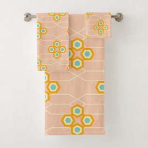 Peach background hexagonal floral pattern bath towel set