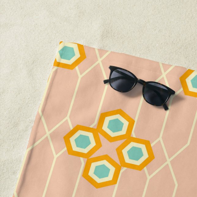 Peach background hexagonal floral pattern  beach towel (In Situ)