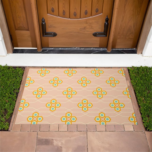 Peach background hexagonal floral pattern  doormat (Outdoor)