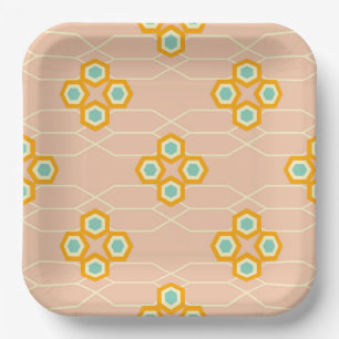Peach background hexagonal floral pattern paper plates