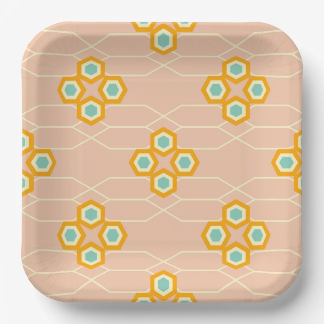 Peach background hexagonal floral pattern  paper plates (Front)