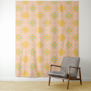 Peach background hexagonal floral pattern tapestry