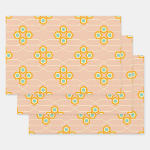 Peach background hexagonal floral pattern wrapping paper sheets