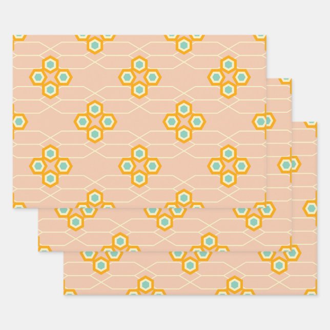 Peach background hexagonal floral pattern  wrapping paper sheets (Set)