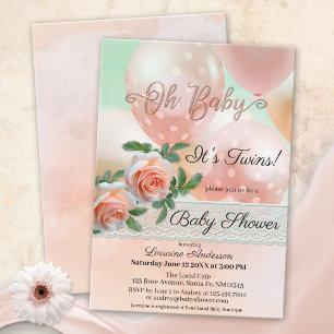 Peach Balloons Lace Twins Baby Shower Invitation
