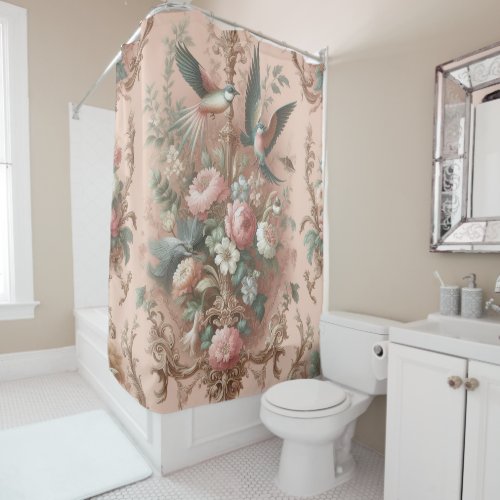 Peach Baroque Rococo Floral  Shower Curtain