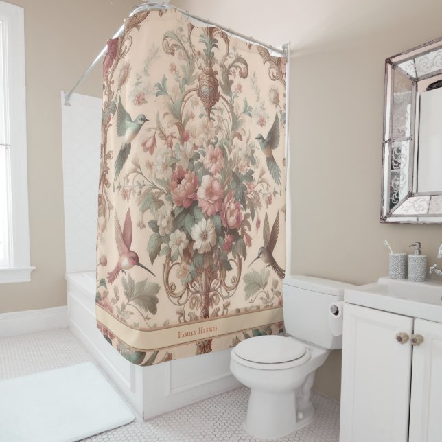 Peach Baroque Rococo Floral  Shower Curtain (In Situ)