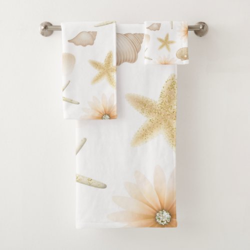 Peach Beach Seashells  Flowers Modern Glam  Bath Towel Set