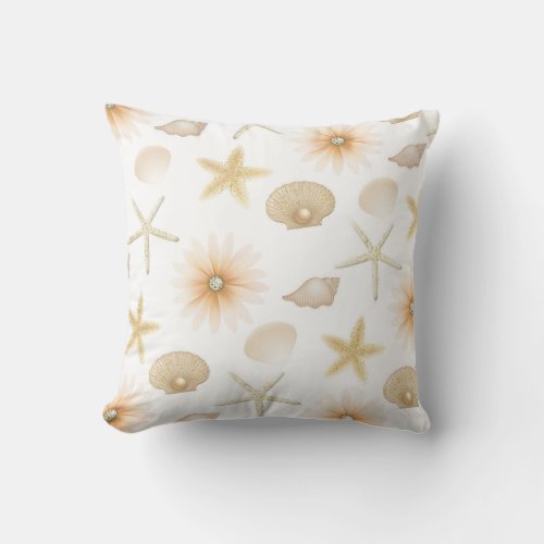 Peach Beach Seashells  Flowers Modern Glam Throw Throw Pillow