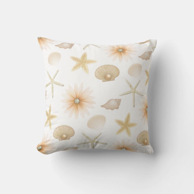 Peach Beach Seashells & Flowers Modern Glam Throw Throw Pillow (Front)