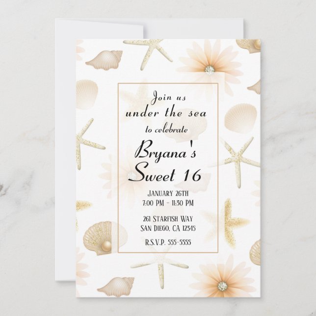 Peach Beach Seashells & Flowers Modern Sweet 16 Invitation (Front)