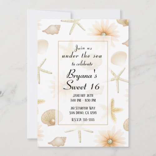 Peach Beach Seashells  Flowers Modern Sweet 16 Invitation