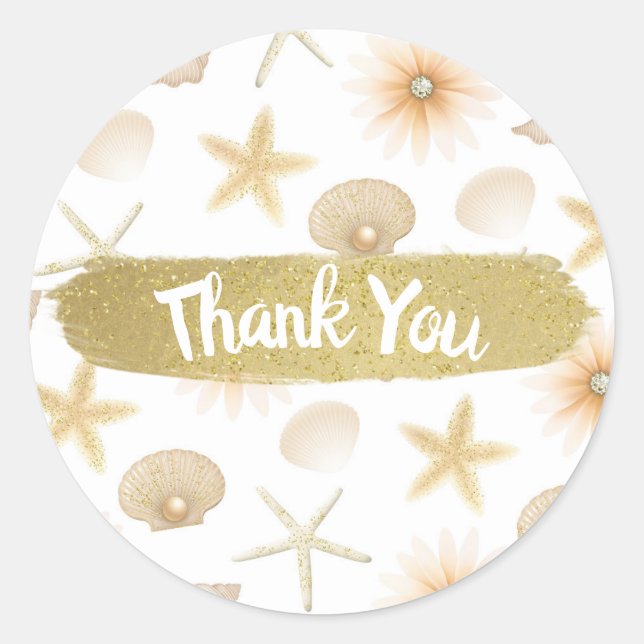 Peach Beach Seashells & Flowers Modern Wedding Classic Round Sticker (Front)