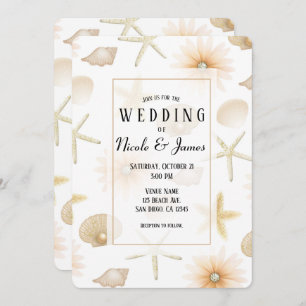 Peach Beach Seashells & Flowers Modern Wedding Invitation