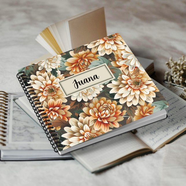 Peach Beige Chrysanthemum Floral Spiral Notebook (A classic notebook adorned with painterly chrysanthemums, inviting your reflections in muted tones.)